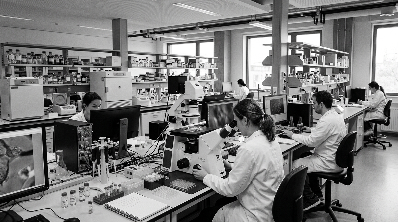 Documentary photograph of modern biomedical laboratory environment and precision microscopy equipment