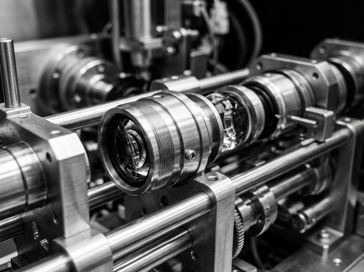Close-up macro photograph of high-precision biomedical laboratory analysis instrumentation and optics